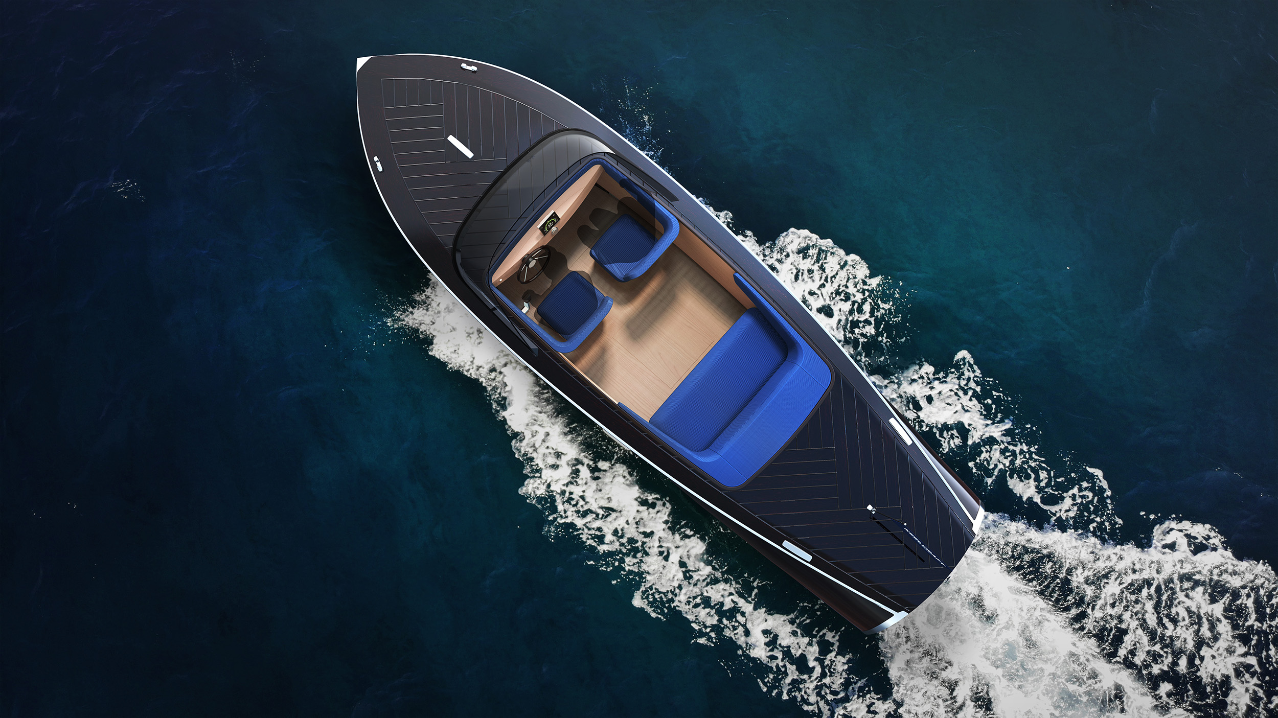 KeelCraft electric runabout top view on the water